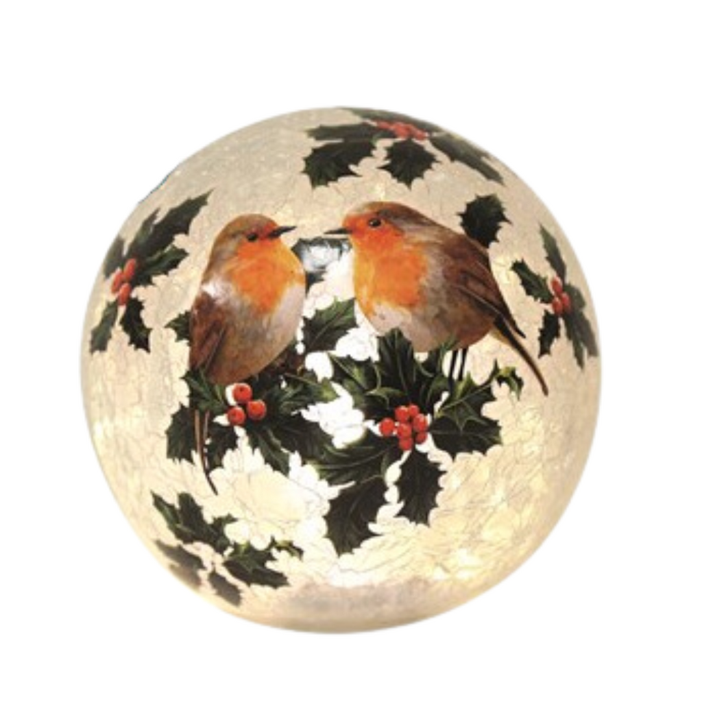 LED Light Up Crackle Glass Ball With Robin Design 15cm