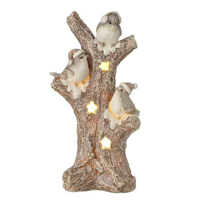 Resin Birds On Light Up Starred Trunk (12x9x22cm)