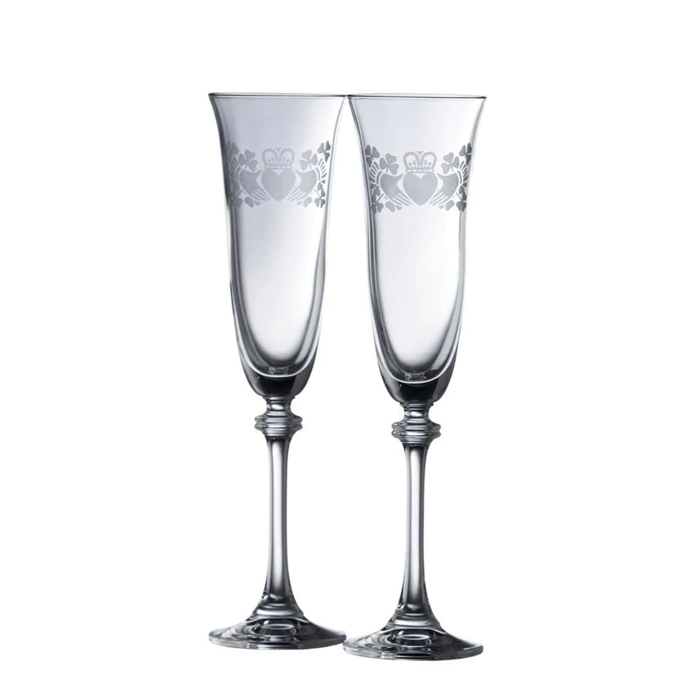 CLADDAGH RING SHAMROCK LIBERTY FLUTE GLASS PAIR